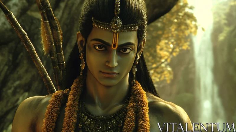 Digital 3D render of mythic archer figure in forest setting