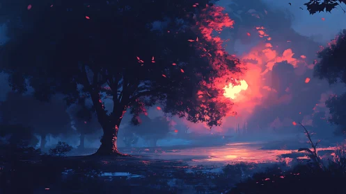 Glowing Tree at Twilight in a Mystical Forest.