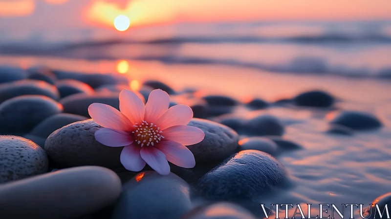 Pink flower on wet beach pebbles at low sunset light.