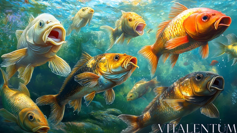 Colorful koi fish swarm in clear underwater river scene.