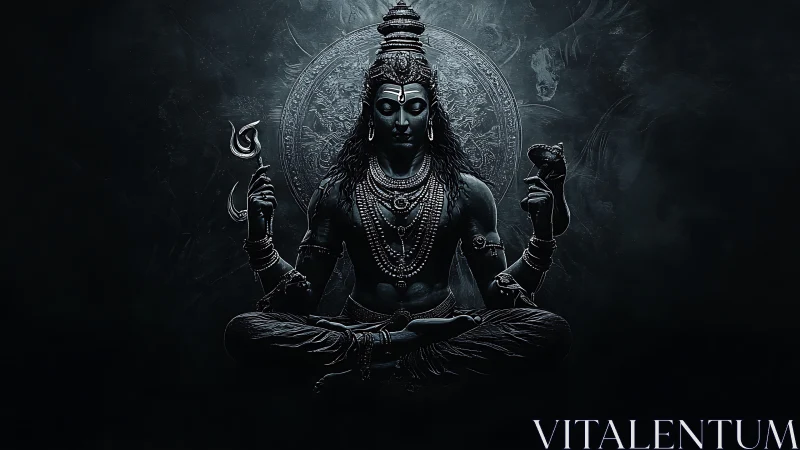 Digital painting of meditative deity in symmetrical chiaroscuro focus.