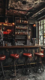 Industrial cocktail bar interior with worn red leather stools.