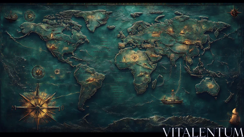 Vintage teal world map with embossed continents and compass.