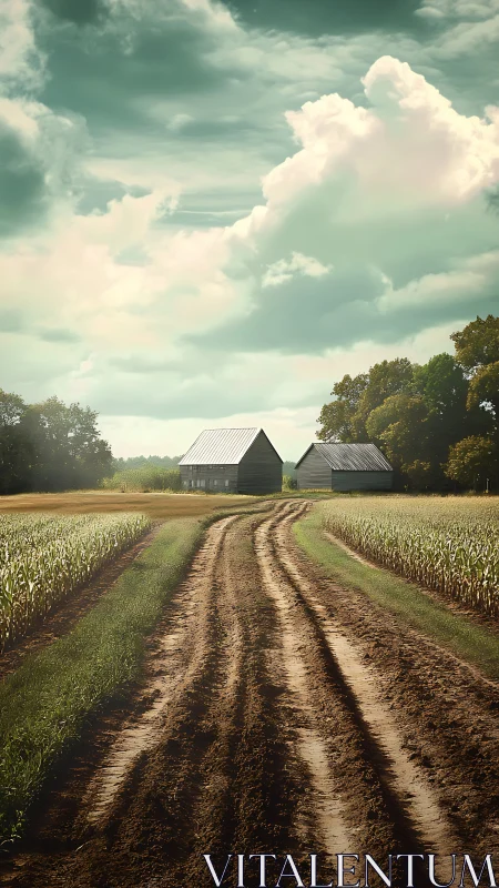 Rutted farm lane drifting toward twin barns and slow clouds.