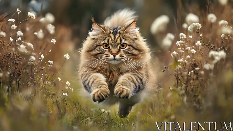Fluffy Tabby Cat in Motion Through Wildflower Field