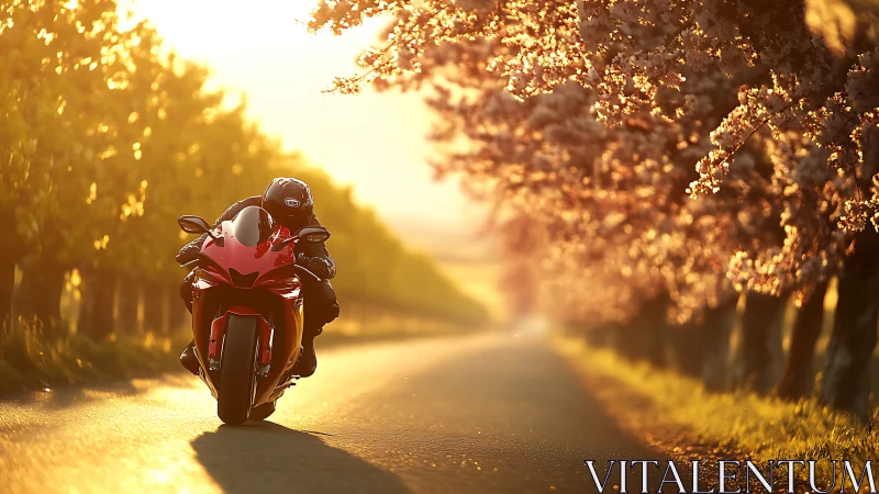 Motorcycle on rural road flanked by flowering trees at sunset.