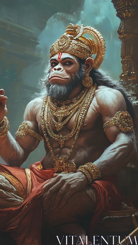 Mythic simian deity in ornate gold regalia, seated regally.