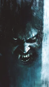 Monochrome digital rendering depicts a feral humanoid face