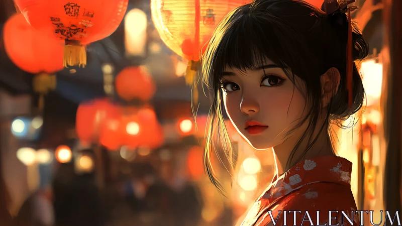 Young woman in kimono stands under glowing lanterns at night