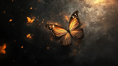 Glowing orange butterfly hovers against dark textured space