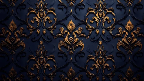 Baroque gold floral damask glows against deep blue wall
