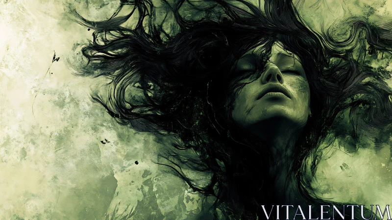 Surreal digital portrait with swirling abstract hair forms.