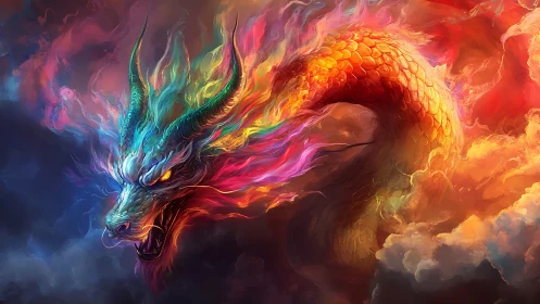 Storm of Color: Gentle Dragon Coiled in Painted Clouds.