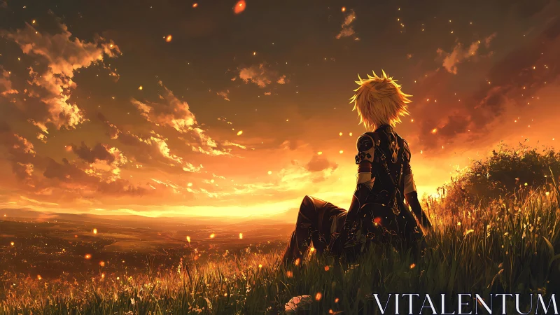 Armored figure observes volumetric sunset over illuminated valley