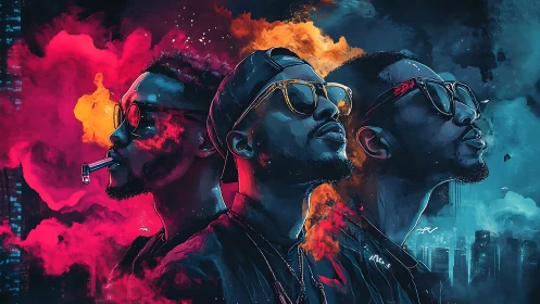 Neon-lit urban trio stride through clouds of vivid color.