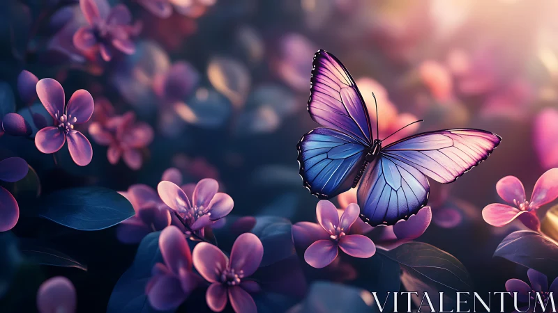 Luminous blue butterfly glides gently above glowing pink blooms