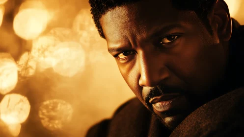 Intense male portrait in dramatic golden bokeh light.