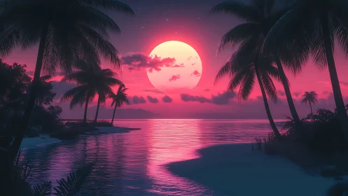Neon moonlight floods tropical beach under glowing sky