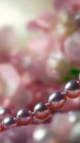 Blush-pink pearl necklace drifting through dreamy bokeh haze.