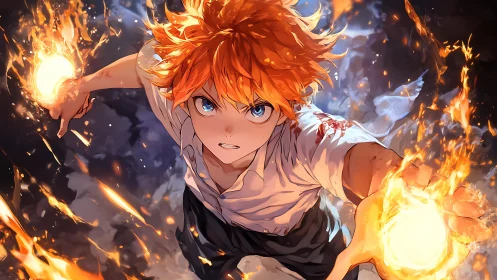 Blazing-hearted hero leaping through a storm of fire.