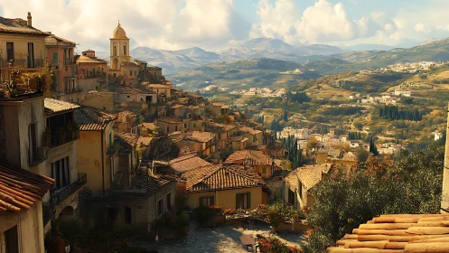 Sunlit Italian hill town with terracotta roofs and valley view.