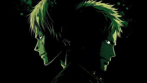 Dual green warriors in shadow-split profile standoff.