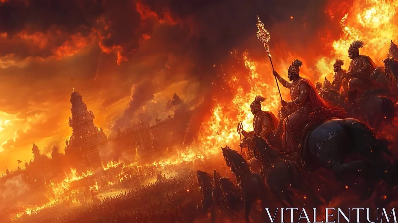 Mounted warriors advance before burning fortress complex.