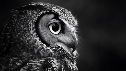 Close-up black and white portrait of an owl with striking detail.