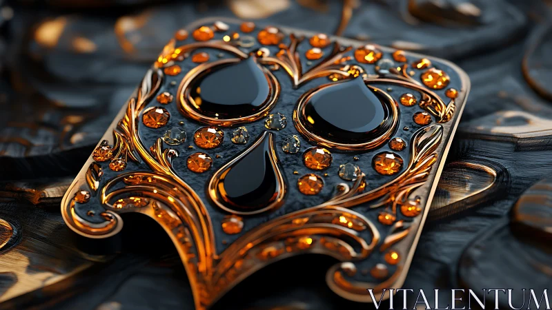 Ornate black teardrop emblem with glowing amber inlay.