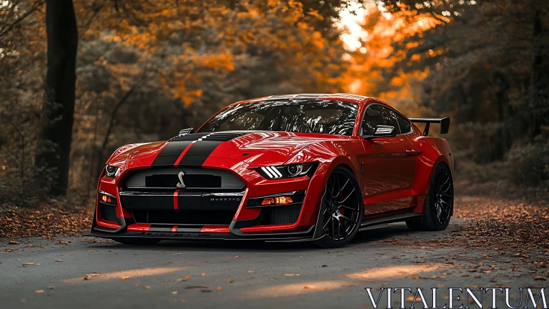 Red sports car with black stripes parked on forest road