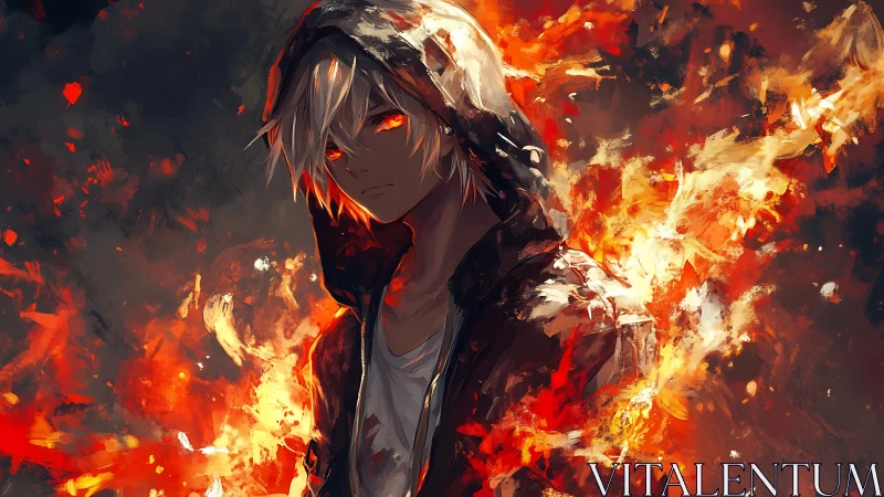 Hooded anime boy with blazing fire aura and glowing eyes.