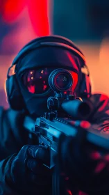 Tactical Operator in Neon Glow Aiming High-Powered Rifle