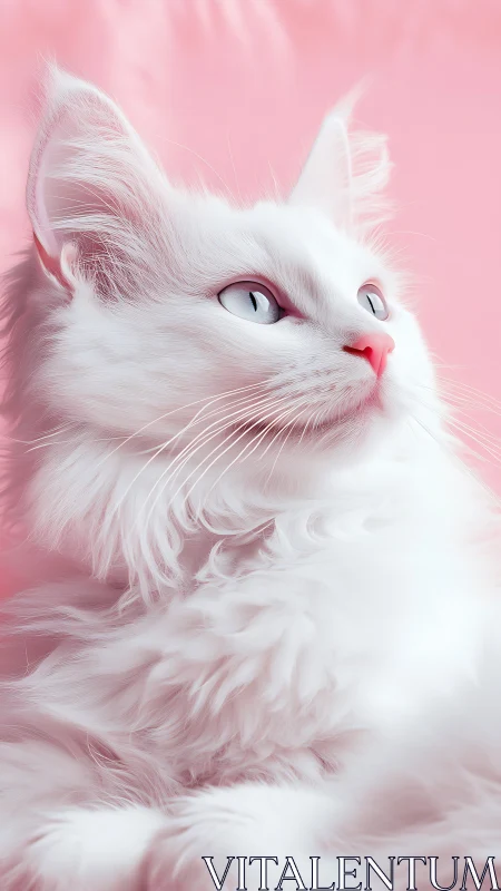 White Cat Against Soft Pink Background Portrait.