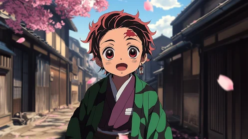Anime boy in kimono under sakura petals in shallow depth of field
