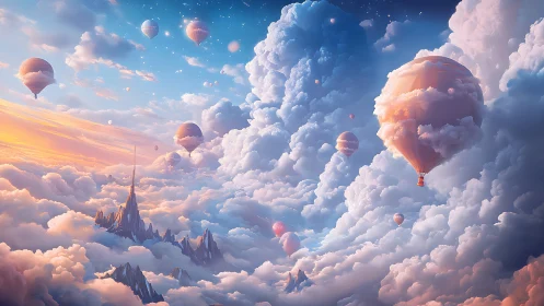 Cloud balloon armada drifting above pastel sky spires.