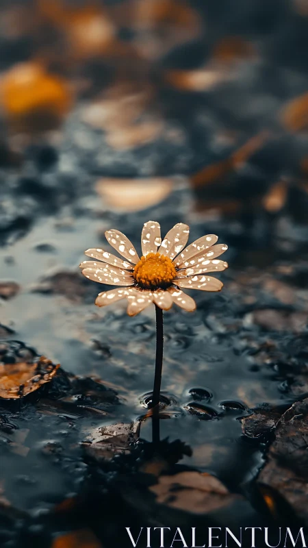 Rain-Kissed Daisy Blooms in Misty Garden.