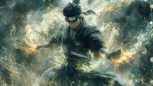 Elemental warrior unleashes swirling mystical energy storm.