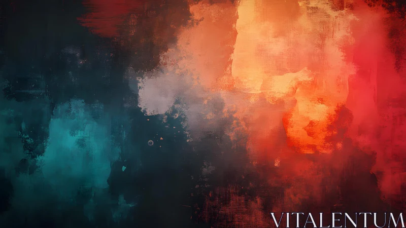 Abstract Colorful Painting With Fiery Red and Cool Blue Tones.