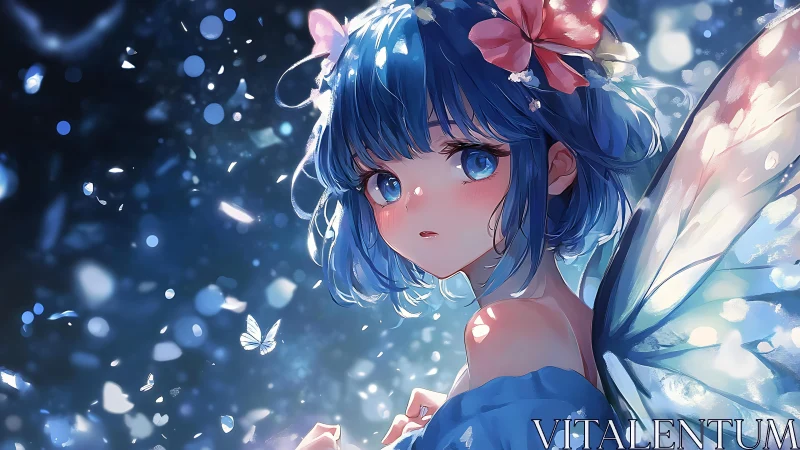 Blue haired fairy girl in glowing night garden portrait.