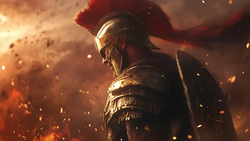 Spartan warrior strides through embers under blazing sky.