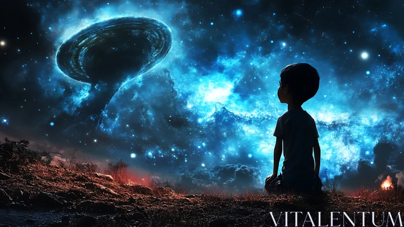 Silhouetted child observes luminous galactic vortex and hovering disk