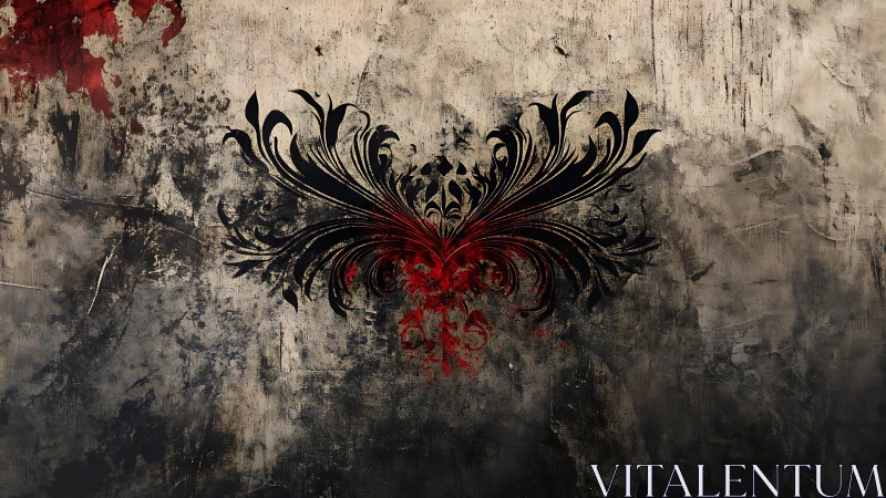 Baroque black wings spread over distressed concrete wall