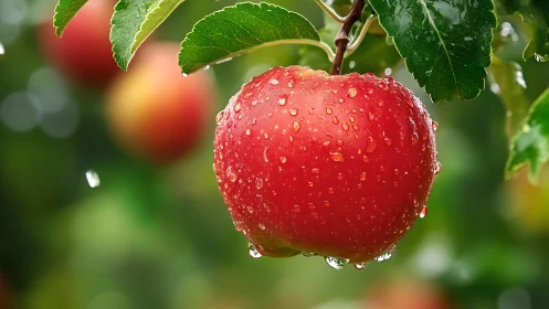 Ripe red apple with dewdrops in shallow-focus orchard scene.