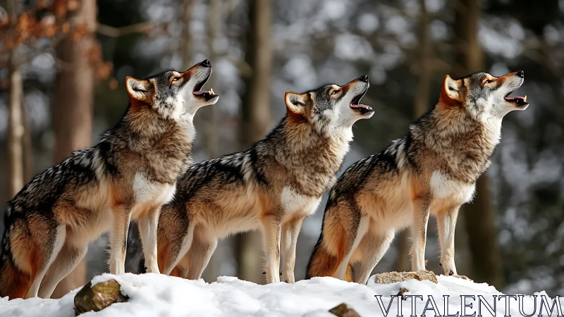 Four gray wolves howling together on snowy forest ridge.