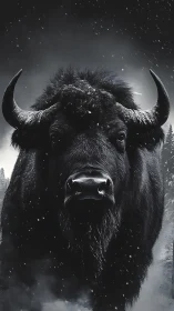 Front view bison portrait rendered in monochrome snowy scene