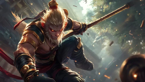 Staff-wielding monkey warrior leaping into golden sunlight.
