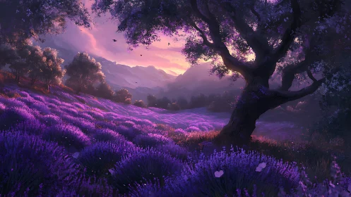 Twilight lavender valley unfolds beneath a silhouetted ancient tree