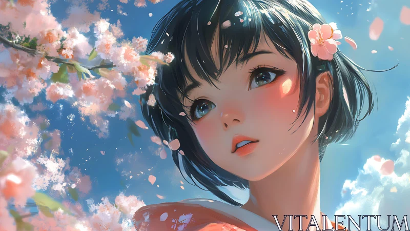 Spring-lit anime portrait beneath drifting cherry petals.