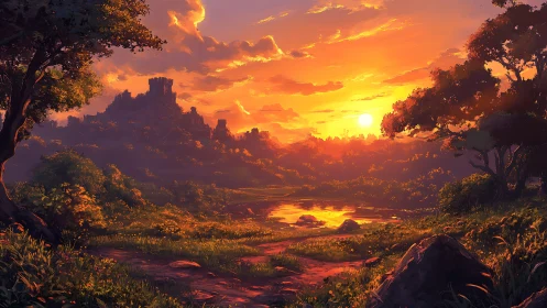 Sunlit river valley with distant castle at warm sunset.