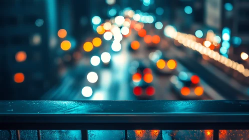 Defocused night traffic bokeh behind wet urban bridge railing